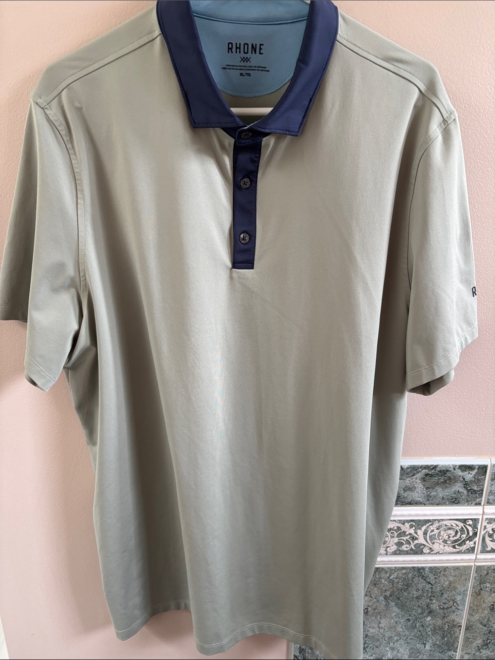RHONE Men's Golf Sport Polo in Olive Green with Navy Trim